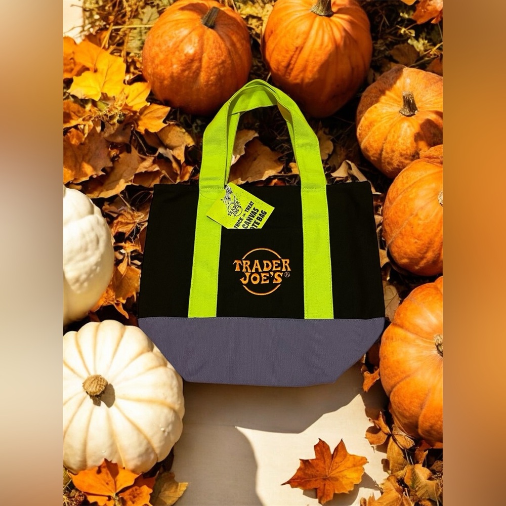 Trader Joe’s Halloween Mini Tote – Black & Lime Green Canvas Bag
35$